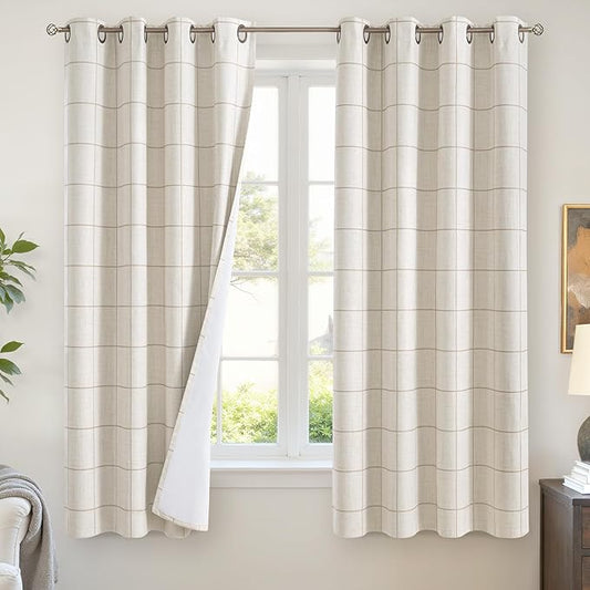 Linen Blackout Curtains 63 Inches Long for Bedroom - Boho Plaid Curtains Thermal Insulated, Pattern Printed Rustic Drapes Window Treatments for Farmhouse 52x63 Inch 2 Panels, Natural