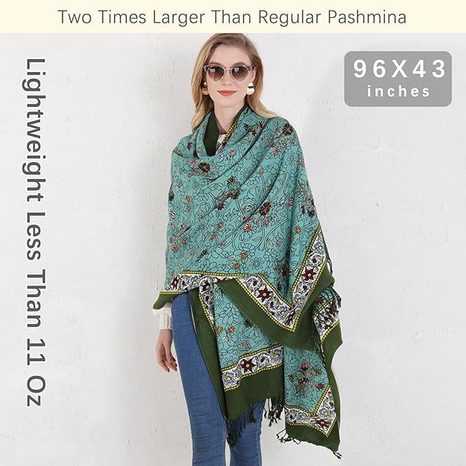 DANA XU 100% Merino Wool Pashmina Shawl for Women 96"x43", Oversized Cashmere Wrap with Tassels, Floral Travel Blanket Cape