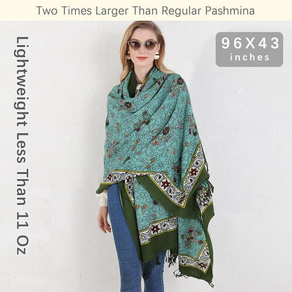 DANA XU 100% Merino Wool Pashmina Shawl for Women 96"x43", Oversized Cashmere Wrap with Tassels, Floral Travel Blanket Cape