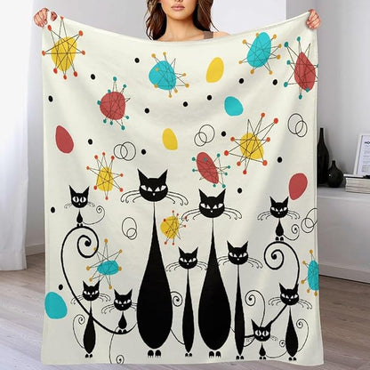 Mid Century Modern Throw Blanket, Atomic Black Cat Starbursts Iconic Sputnik Retro Abstract Geometric 1950s 1960s Throw for Adults Kids Pet, Beige Black 60"x80"