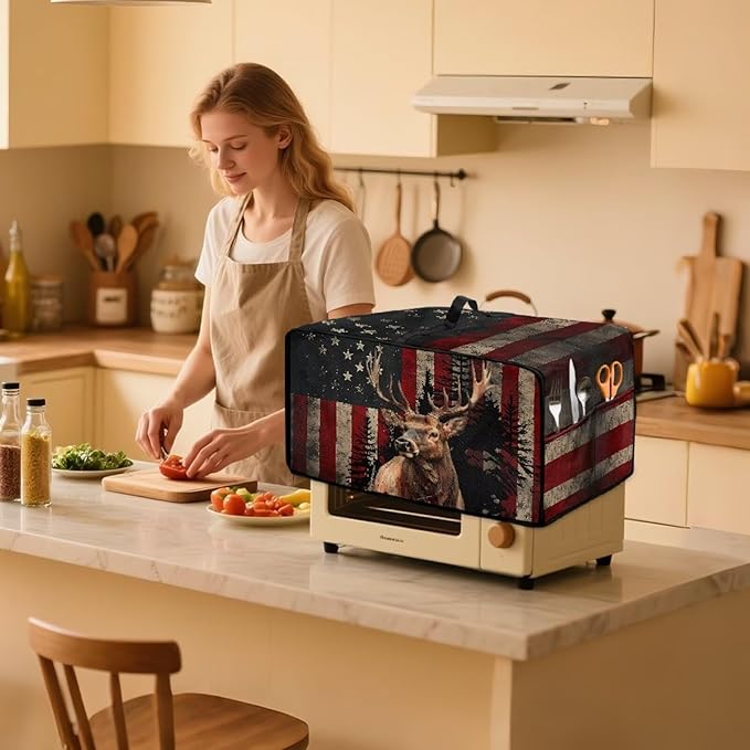 Vintage Deer Elk Print Microwave Oven Cover Waterproof Dust Cover for Microwave Oven American Flag Forest Print Universal Small Appliance Dust Covers Dirt and Fingerprint Protection, L