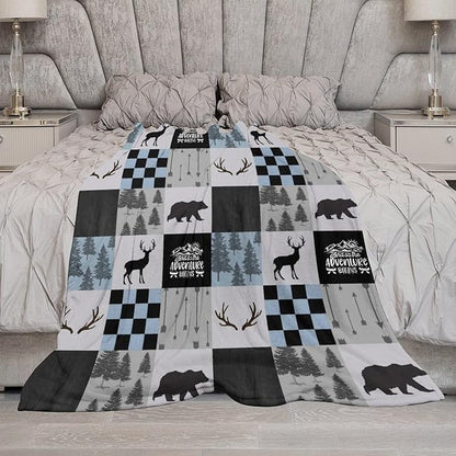 Bear Cabin Plaid Blanket, Rustic Retro Bear Deer Patchwork Gray Blue Farmhouse Throw Blanket for Couch Bed Living Room, 60"x80"