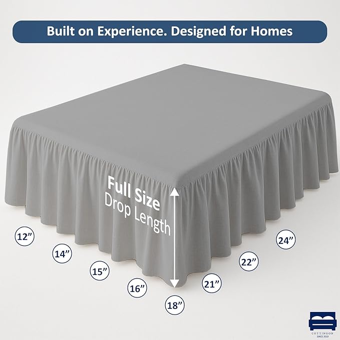 Ruffled Bed Skirt with Split Corners-Dust Ruffle - 24" Drop 100% Microfiber Soft,Sheen & Luxurious Look - Bed Skirts (Light Grey -Full)