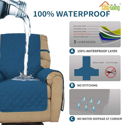 Easy-Going Sofa Slipcover Waterproof Recliner Chair Cover Non-Slip Fabric Couch Cover for Living Room Washable Furniture Protector for Pets Kids Children Dog Cat (Recliner, Peacock Blue)