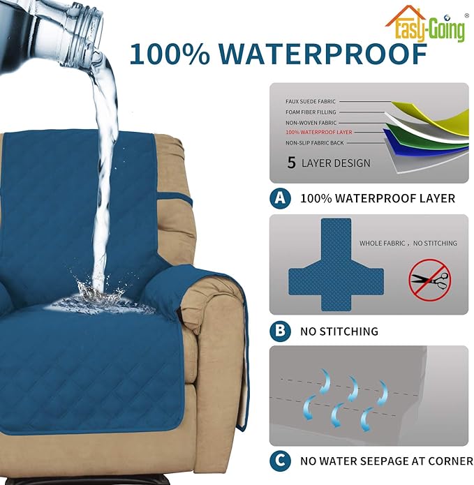 Easy-Going Sofa Slipcover Waterproof Oversized Recliner Chair Cover Non-Slip Fabric Couch Cover for Living Room Washable Furniture Protector for Pets Kids Dog (Oversized Recliner, Peacock Blue)