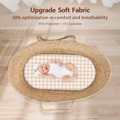 Baby Bassinet Sheets Girl Boy, Fitted Bassinet Sheet Set 3 Pack Bassinet Mattress Sheets Universal Fit for Rectangle, Round, Oval, Hourglass Mattress, Soft Breathable Orange Flowers & Plaid