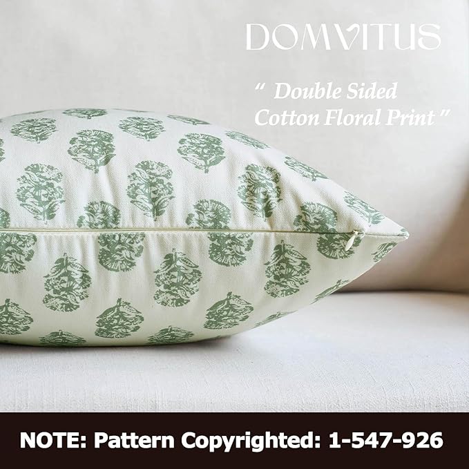 DOMVITUS Set of 2 Floral Pillow Covers 18x18, Block Print Pillow Covers Vintage Neutral Decorative Farmhouse Throw Pillow Covers for Couch Bed Living Room Sage Green