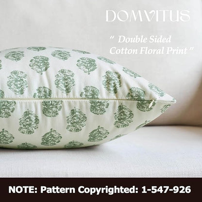 DOMVITUS Set of 2 Floral Pillow Covers 24x24, Block Print Pillow Covers Vintage Neutral Decorative Farmhouse Throw Pillow Covers for Couch Bed Living Room Sage Green