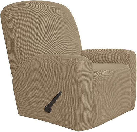 Easy-Going 4 Pieces Oversized Recliner Stretch Sofa Slipcover Sofa Cover Furniture Protector Couch Soft with Elastic Bottom Polyester Spandex Jacquard Fabric Small Checks Tan,X-Large