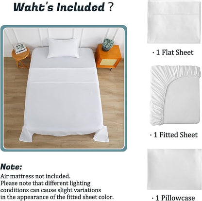 Extra Deep Pocket Twin Sheet Set for Air Mattress, 3 Piece Air Bed Sheets Set with 18-24 Inches Depth, Soft & Breathable Inflatable Bed Sheet Set with Flat Sheet, Fitted Sheet and Pillowcase, White