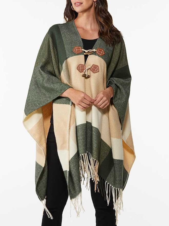 Moss Rose Women's Travel Plaid Shawl Wrap Open Front Poncho Cape for Fall Winter