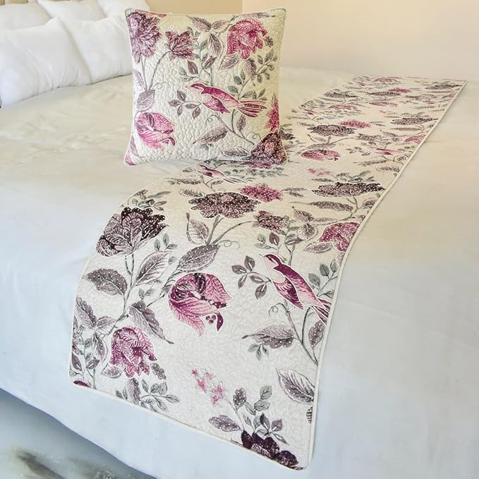 The HomeCentric King/Queen/Twin Pink Decorative Queen 74"x18" Bed Runner with Pillow Cover, Quilted, Printed & Pearl Embroidery Bed Scarf on Cotton Fabric - Vintage Birdie
