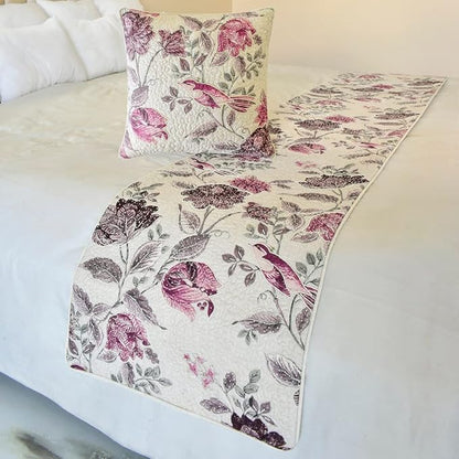 The HomeCentric King/Queen/Twin Pink Decorative Queen 74"x18" Bed Runner with 2 Pillow Cover, Quilted, Printed & Pearl Embroidery Bed Scarf on Cotton Fabric - Vintage Birdie