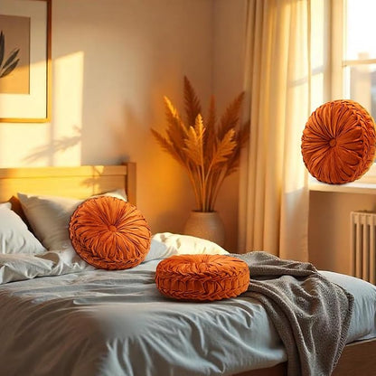 2 Pcs Round Throw Pillows 15 Inch Decorative Velvet Pleated Pumpkin Floor Boho Pillows for Living Room Couch Chair Bed Sofa (Orange)
