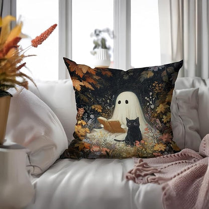 Vintage Floral Throw Pillow Covers, Vintage Flower Pattern Double Sided Cushion Cover, Indoor and Outdoor Home Art Decor Pillowcase for Sofa or Bedroom Decor 18x18inches (Ghost&Cat, 18x18inches)
