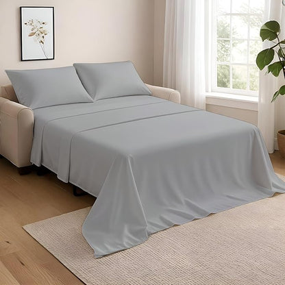 NON Sticky cotton Twin Size Sleeper Sofa Sheets, 4 Piece Egyptian Cotton Bed Sheet Set for Sofa Bed, 7" Deep Pocket for Pull Out Couch Mattress, 39" x 75", Light Grey Solid, Soft & Breathable