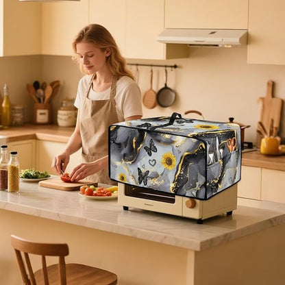 Convection Oven Cover Countertop Appliance Covers Stain-resistant Microwave Oven Protector for Kitchen Home Decor, M, Black Gray Gold Marble Butterfly Sunflower