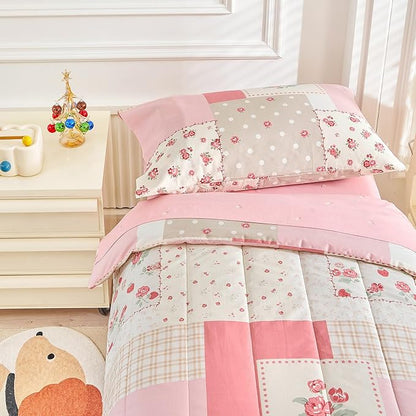 Joyreap 4 Piece Cotton Toddler Bedding Set- Pink Flower Plaids Patchwork Design, Toddler Comforter Set for Girls, Includes Quilted Comforter, Fitted Sheet, Top Sheet, and Pillow Case