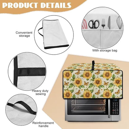 Countertop Convection Oven Cover Dust-Proof Toaster Oven Cover with Accessories Pockets, Countertop Convection Oven Protector, L, Sunflower Butterfly Retro Letter Print