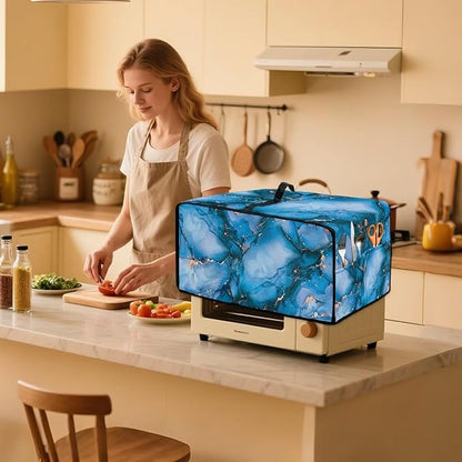 Toaster Oven Dust Cover with Storage Pockets, Dust Protection Smart Oven Cover for Kitchen Countertop Home Decor, M, 16.5 x 20.5 x 10 Inches, Blue Gold Marble