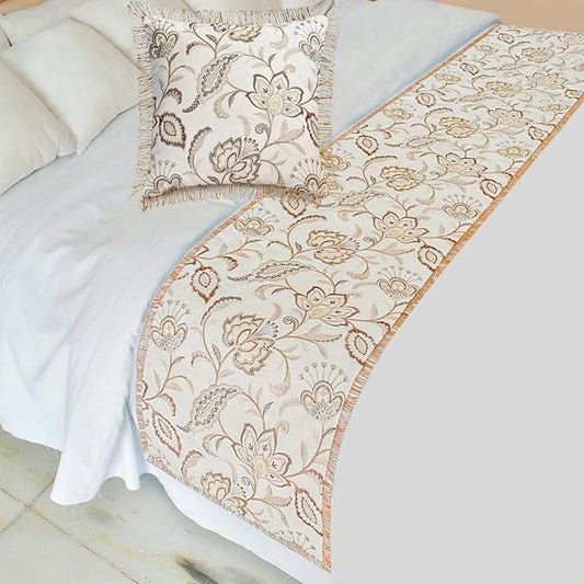 The HomeCentric King/Queen/Twin Beige Decorative Bed Runner CA King 86"x18" Bed Runner with One Pillow Cover, Floral, Pearl, Jute Lace, Embroidery Bed Scarf on Cotton Fabric - Floral Luster