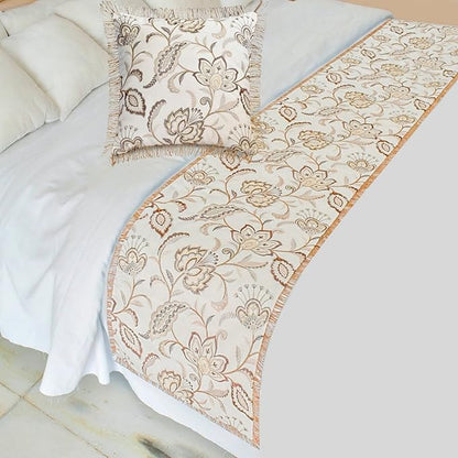The HomeCentric King/Queen/Twin Beige Decorative Bed Runner Queen 74"x18" Bed Runner with One Pillow Cover, Floral, Pearl, Jute Lace, Embroidery Bed Scarf on Cotton Fabric - Floral Luster