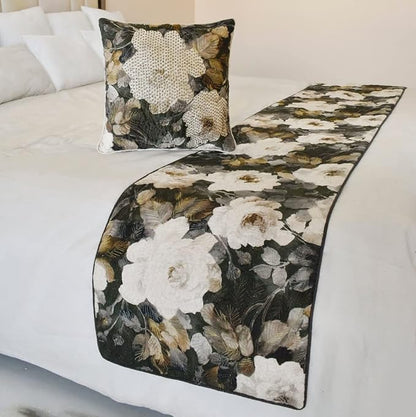 The HomeCentric King/Queen/Twin Gray & Brown Designer Twin 53"x18" Bed Runner Without Pillow Cover, Rose, Floral & Bead Embroidery Bed Scarf on Cotton Fabric - Rada