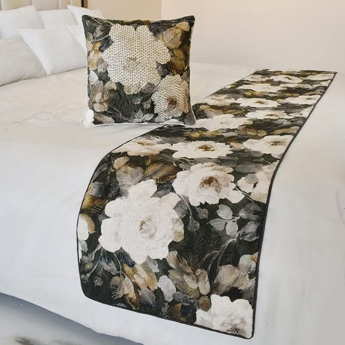 The HomeCentric King/Queen/Twin Gray & Brown Designer King 90"x18" Bed Runner with 2 Pillow Cover, Rose, Floral & Bead Embroidery Bed Scarf on Cotton Fabric - Rada