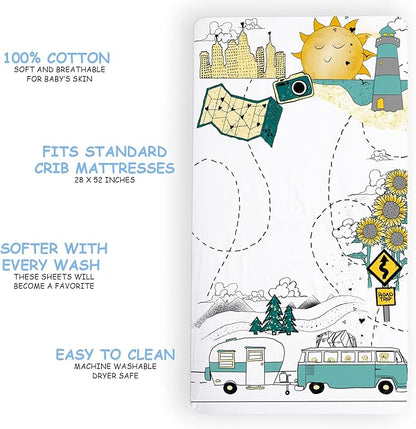 JumpOff Jo - Fitted Crib Sheet, Super Soft Breathable 100% Cotton Baby Crib Sheet for Standard Crib Mattresses and Toddler Beds, 28 in. x 52 in. - Road Trip