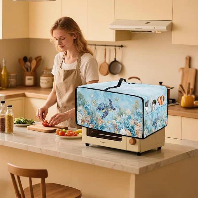 Air Fryer Toaster Oven Cover with Pockets, Dustproof Electrical Appliance Cover for Kitchen Countertop, L, 18.5 x 22.5 x 13 Inches, Sea Turtle Seashell Coral Reef Blue
