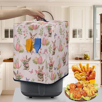 Tulip Floral Bunny Print Air Fryer Cover with Pocket and Top Handle, Happy Easter Decor Kitchen Appliance Protective Cover Electric Appliance Cover for Air Fryer