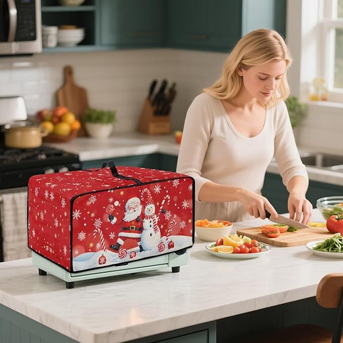 Christmas Toaster Oven Dust Cover Dustproof Smart Oven Air Fryer Microwave Cover with Side Pockets, Electric Appliance Protector for Kitchen, L, Santa Claus Snowman Candy Cane Red
