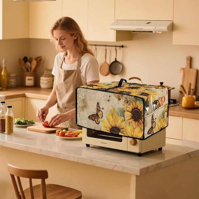 Microwave Oven Dust Cover Dust-Proof Sturdy Microwave Oven Cloth Cover Waterproof Kitchen Appliance Protector Suitable for Most Microwave Ovens, Vintage Sunflower Butterfly Letter Print, M