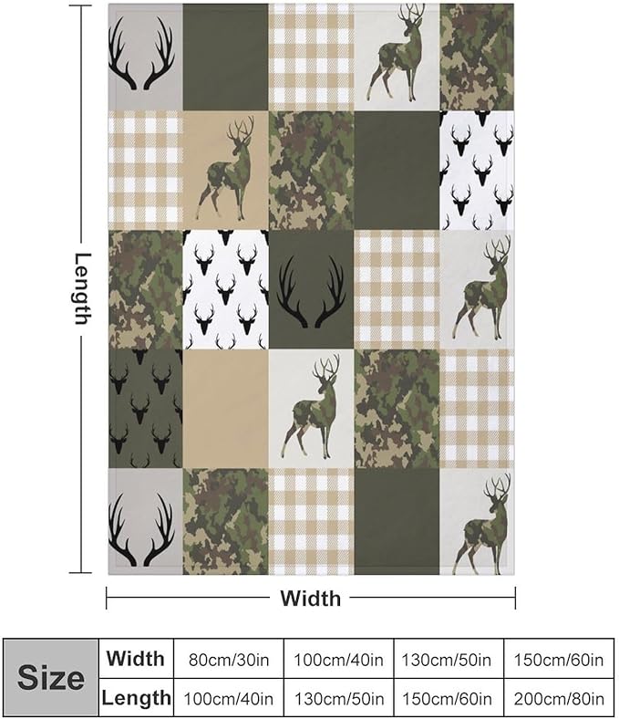 Camouflage Deer Blanket, Vintage Camo Green Beige Plaid Rustic Cabin Wildlife Hunting Blankets for Mens Room Bed Sofa, 30"x40"