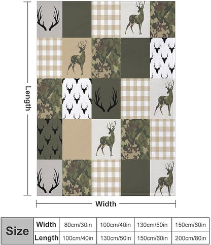 Camouflage Deer Blanket, Vintage Camo Green Beige Plaid Rustic Cabin Wildlife Hunting Blankets for Mens Room Bed Sofa, 30"x40"
