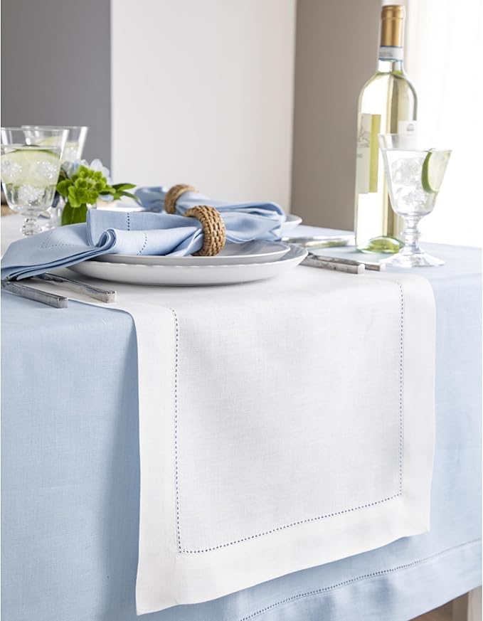 Solino Home Linen White Table Runner 60 Inches - Classic Hemstitch, 100% Pure Linen Coffee Table Runner 14 x 60 Inch Ideal for Dresser Tables - Christmas, Holiday, New Year