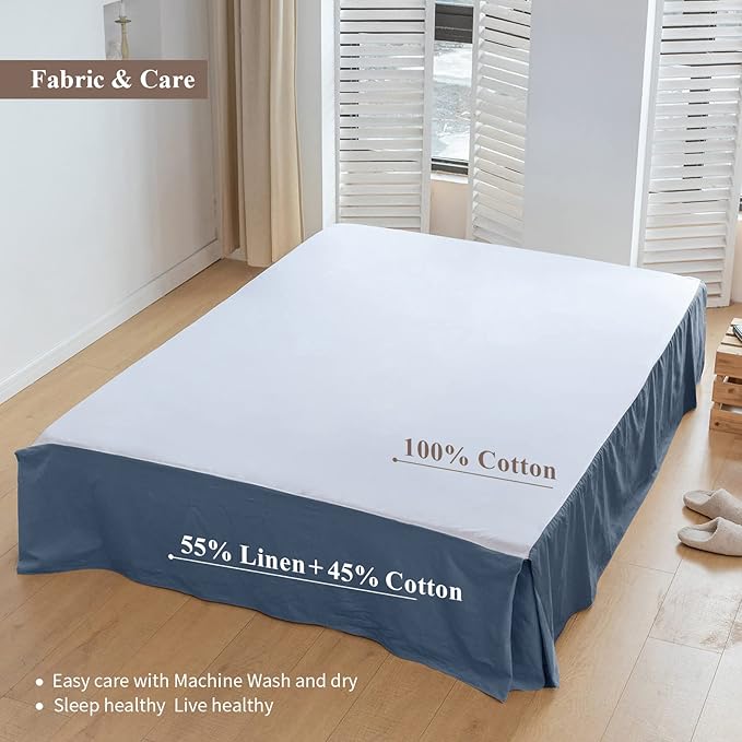 BISELINA French Linen Bed Skirt with Pleated Corner 14-Inch Tailored Drop Natural Flax Cotton Blend Basic Dust Ruffle Soft Cozy Farmhouse Bedding (14" Queen, Basic Navy Blue)