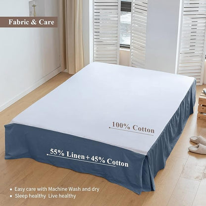 BISELINA French Linen Bed Skirt with Pleated Corner 14-Inch Tailored Drop Natural Flax Cotton Blend Basic Dust Ruffle Soft Cozy Farmhouse Bedding (14" Queen, Basic Navy Blue)