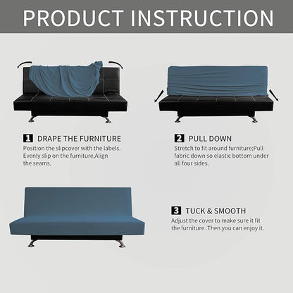 Easy-Going Stretch Futon Sofa Slipcover Armless Sofa Bed Cover Furniture Protector Without Armrests with Elastic Bottom for Kids,Soft Jacquard Fabric Small Checks（Medium Futon,Bluestone