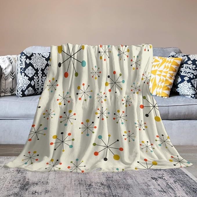 Mid Century Throw Blanket, Retro Abstract Geometric Pattern Boho 1950s 1960s Iconic Atomic Starbursts Modern Sputnik Print Blanket for Couch Sofa Bed Decorative Gifts 40"x50"