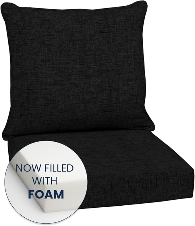 Arden Outdoor Foam Deep Seat Cushion Set, 24 in x 24 in, Weather-Proof, Rain-Proof, Fade Resistant Patio Cushion, Bottom and Back Cushion for Chair, Sofa, and Couch Black Leala