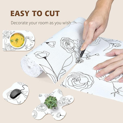 Shelf Liners for Kitchen Cabinets 17in x 20FT Non Adhesive Drawer Liner Black and White Floral Thickened Shelf Liner Paper Strong Non-Slip Easy to Clean for Tool Box with Knife and Tape Measure