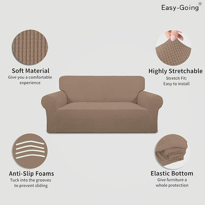 Easy-Going Stretch Oversized Loveseat Slipcover 1-Piece Sofa Cover Furniture Protector Couch Soft with Elastic Bottom for Kids Polyester Spandex Jacquard Fabric Small Checks Camel
