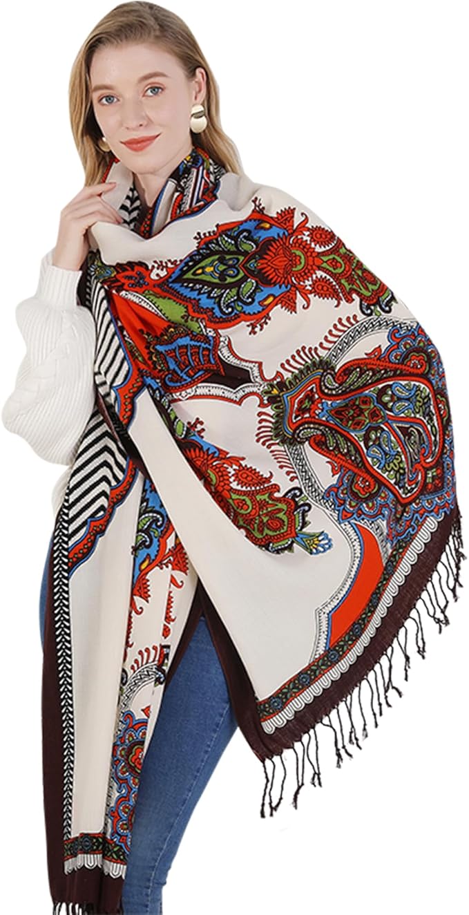 DANA XU 100% Merino Wool Extra Large Pashmina Blanket Travel Scarf Cashmere Wrap for Women Fall Winter Oversize Shawl Floral