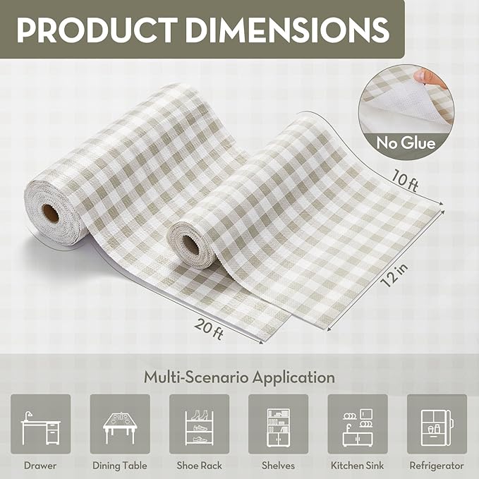 Drawer and Shelf Liner, Non-Slip Kitchen Cabinet Liners Non-Adhesive Thick Strong Grip Waterproof Washable Mats Protect Dresser Shelves Cupboard Bathroom Cabinets, Green Plaid, 12 in X 20 FT