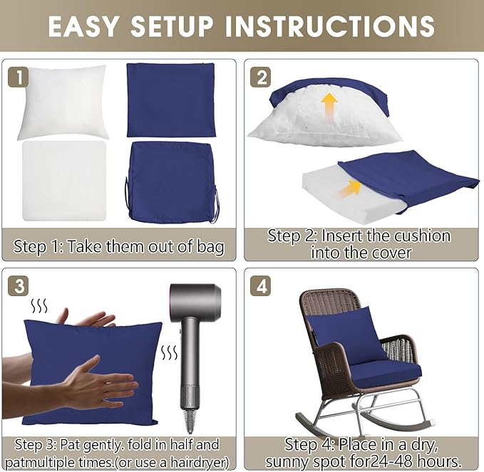 Outdoor Seat Cushion Set 24 x 24 In, Water-Resistant & Fade-Resistan, Patio Furniture Cushions with Removable Cover Deep Seat & Back Cushion with Handle and Adjustable Straps for Chair Sofa,2PC