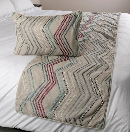The HomeCentric King Queen Twin Beige Linen Bed Runner Without Pillow Cover, Queen Size 74"x18" Bed Runner Without Pillow Cover, Linen with Embroidery, Chevron Modern Pattern - Dotty Chevron