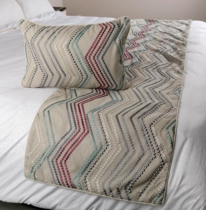 The HomeCentric King Queen Twin Beige Linen Bed Runner Without Pillow Cover, Twin Size 53"x18" Bed Runner Without Pillow Cover, Linen with Embroidery, Chevron Modern Pattern - Dotty Chevron