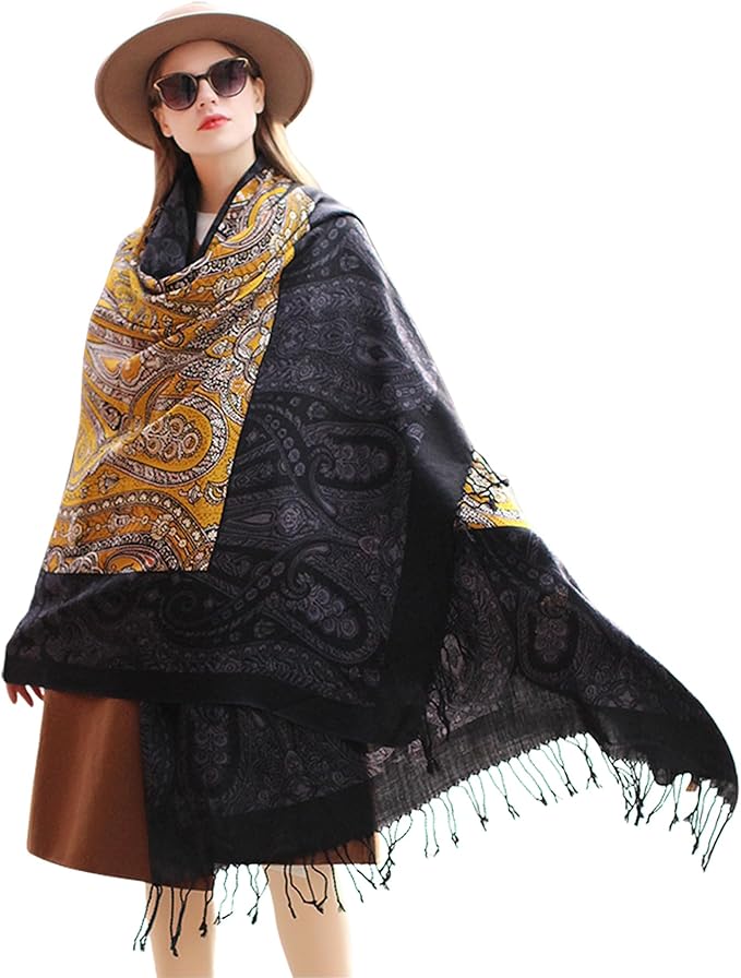 DANA XU 100% Merino Wool Extra Large Pashmina Blanket Travel Scarf Cashmere Wrap for Women Fall Winter Oversize Shawl Floral