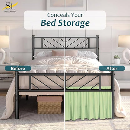 Shreem Linen Ruffled Bed Skirt with Split Corners, Gathered Style, 100% Microfiber, 15-Inch Drop, Dust Ruffle Bedskirt with Platform, Full-XXL, Sage